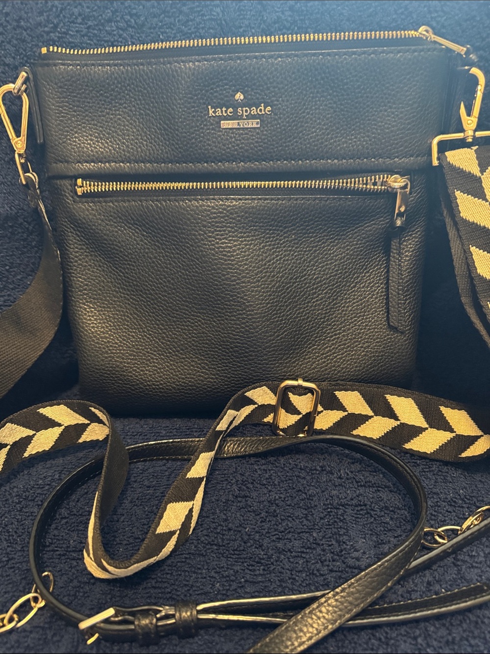 kate spade Black Pebbled Leather Crossbody with Chevron Strap and Gold Hardware